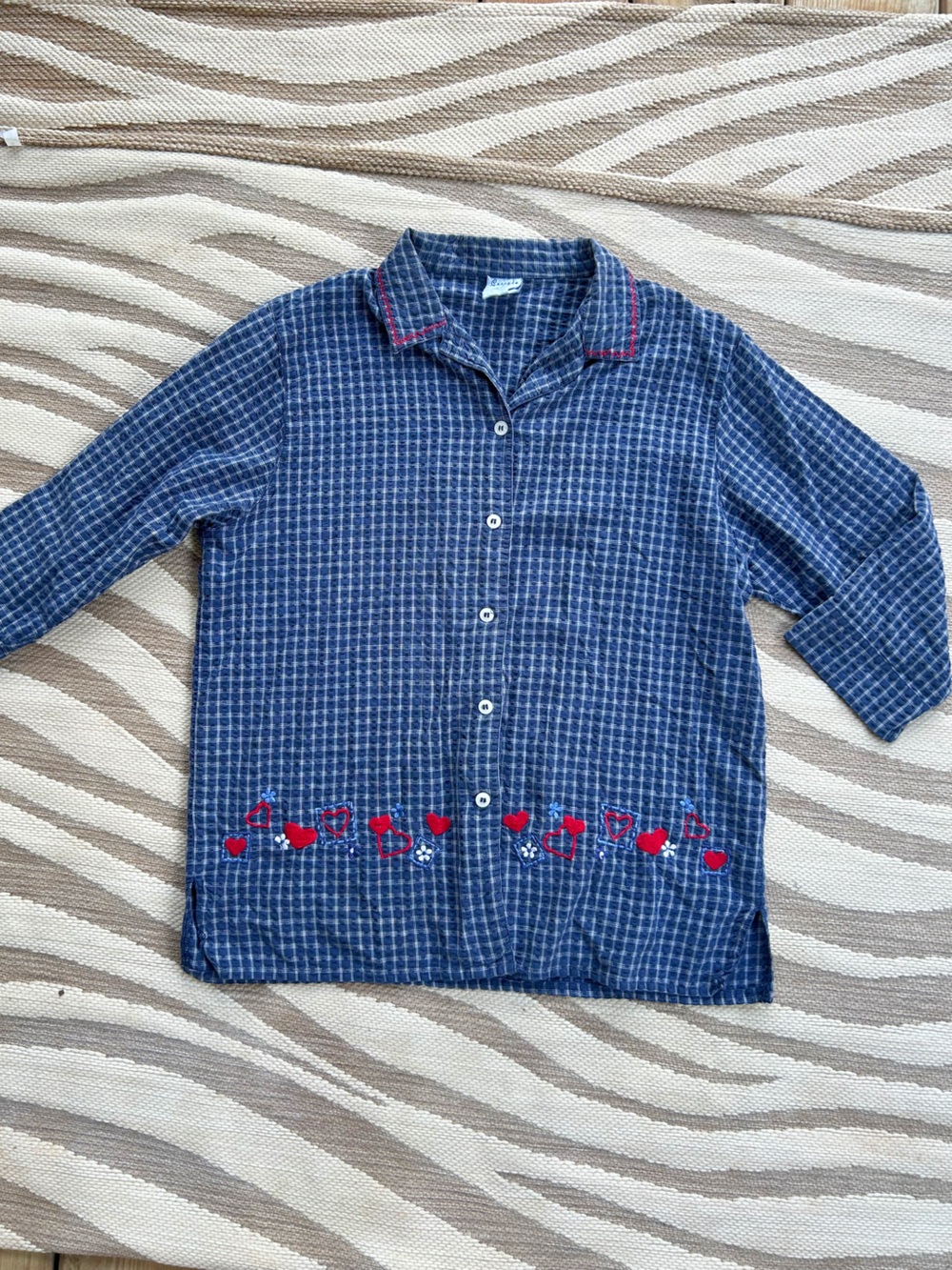 Vintage Blue Check Quarter -Sleeve Shirt with Red Heart Embroidery detail